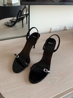 MANGO Black Minimal Strappy Heels – Chic Slingback Stiletto Sandals